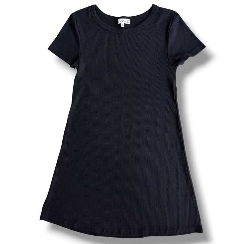 Poof New York Women's S Black Ribbed Short Sleeve A-Line Mini T-Shirt Dress Cozy